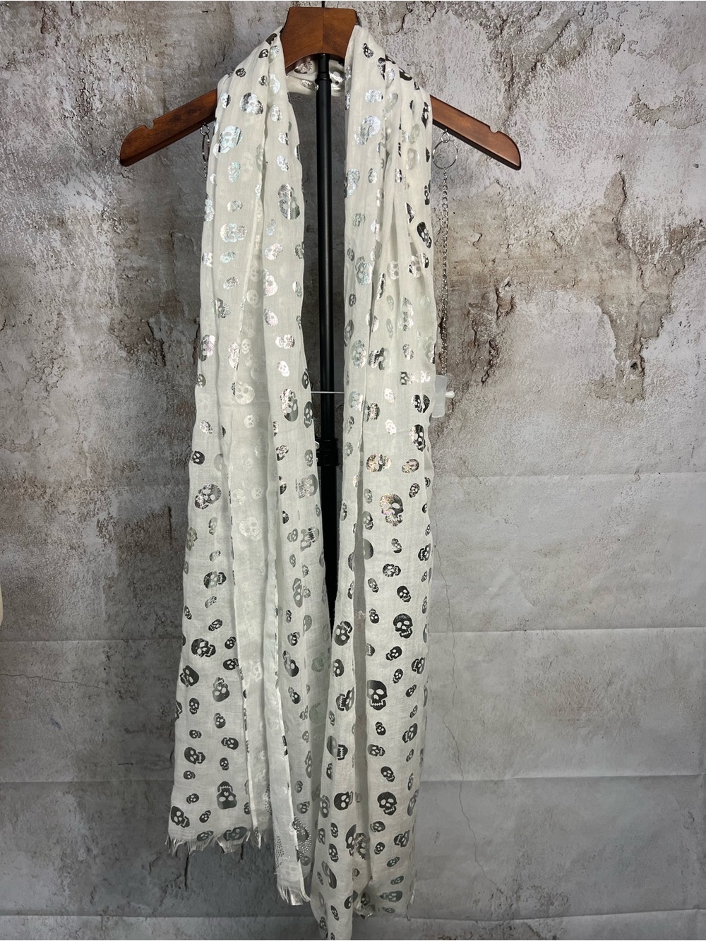 Y2K Silver Skull Rhinestone Fringe Scarf Gothic